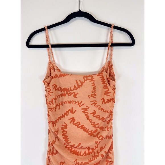 Nanushka Womens Dress Orange Alexa Scribble Logo Midi Bodycon Ruched Cami Small - Picture 11 of 12